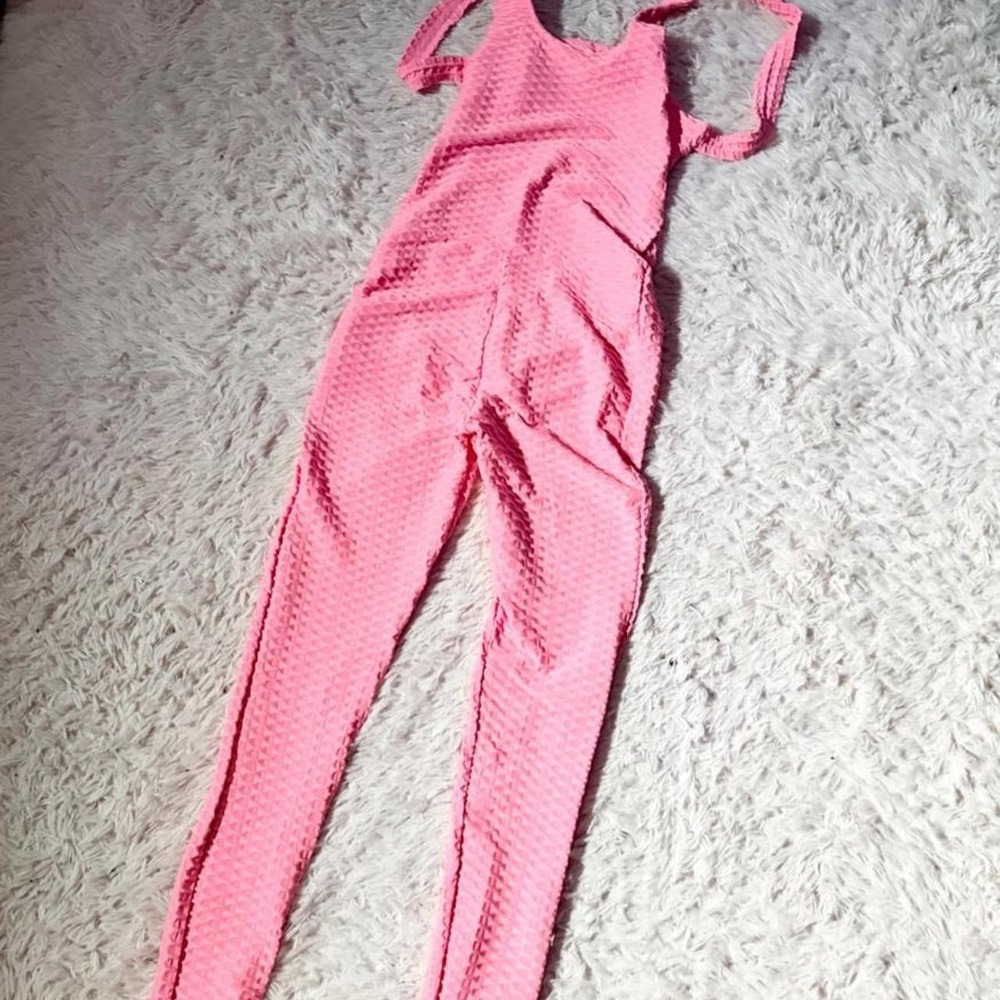 Bubblegum Pink Open Back Yoga Fitness Urban Textured Jumpsuit Womens XL Casual